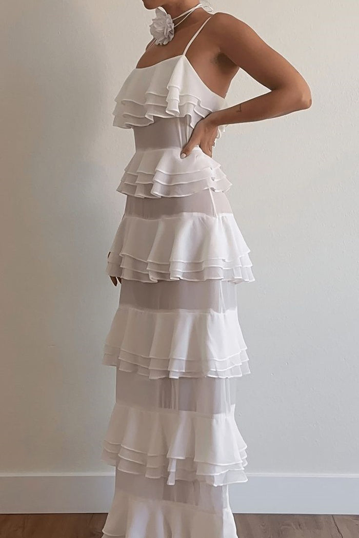 Chic White Spaghetti Straps Ruffles Chiffon Sleeveless Prom Formal Dress