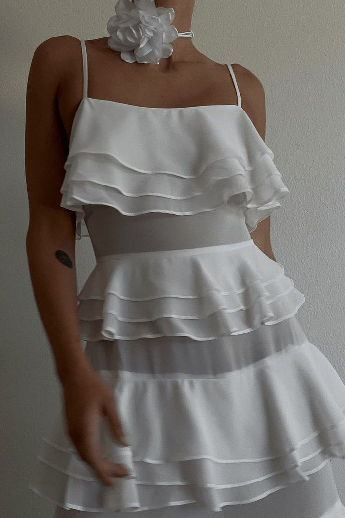 Chic White Spaghetti Straps Ruffles Chiffon Sleeveless Prom Formal Dress