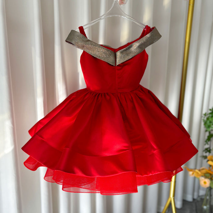Christmas Off Shoulder Satin Girl Dress Knee Length Ball Gown J284