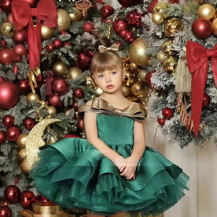 Christmas Off Shoulder Satin Girl Dress Knee Length Ball Gown J284