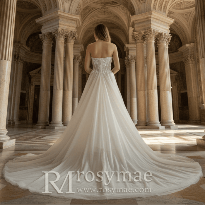 Classic Strapless Scoop Neck A-line Spring Wedding Gown - Rosymae