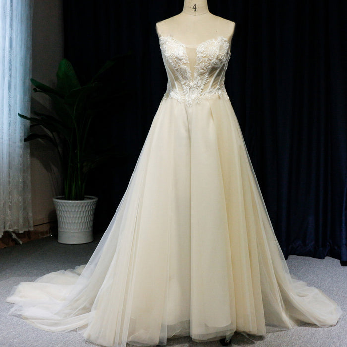 Classic Strapless Scoop Neck A-line Spring Wedding Gown - Rosymae