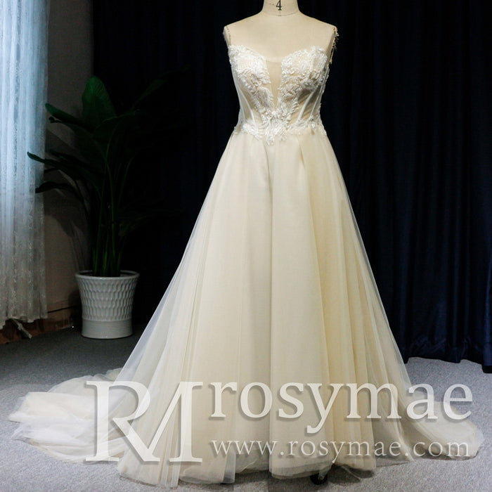 Classic Strapless Scoop Neck A-line Spring Wedding Gown - Rosymae