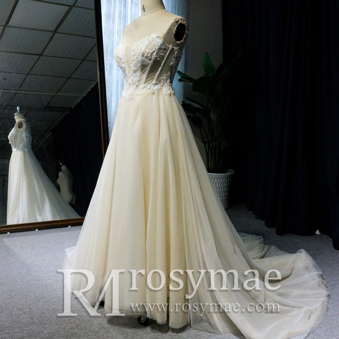 Classic Strapless Scoop Neck A-line Spring Wedding Gown - Rosymae