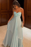 Classy A-Line Strapless Sweetheart Chiffon Ruffles Prom Dress with Flower