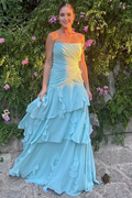 Classy Blue A-Line Empire-Waist Strapless Ruffles Pleats Prom Dress