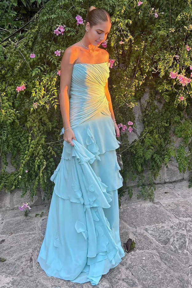 Classy Blue A-Line Empire-Waist Strapless Ruffles Pleats Prom Dress