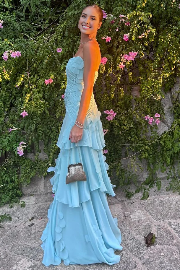 Classy Blue A-Line Empire-Waist Strapless Ruffles Pleats Prom Dress