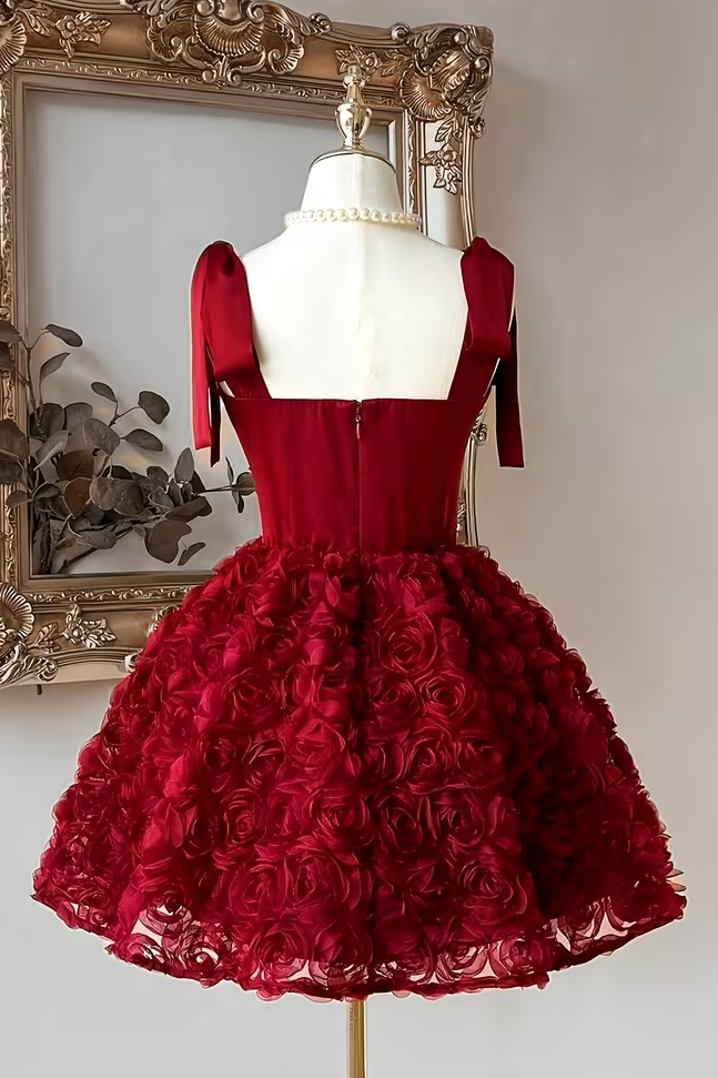 Classy Burgundy A-Line Ruffles Empire-Waist Short Dress
