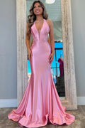 Classy Halter V-Neck Appliques Mermaid Pleated Long Prom Dress
