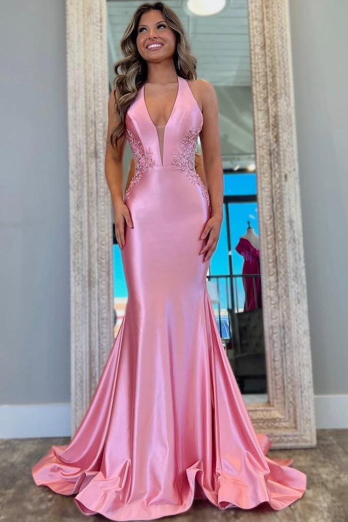 Classy Halter V-Neck Appliques Mermaid Pleated Long Prom Dress