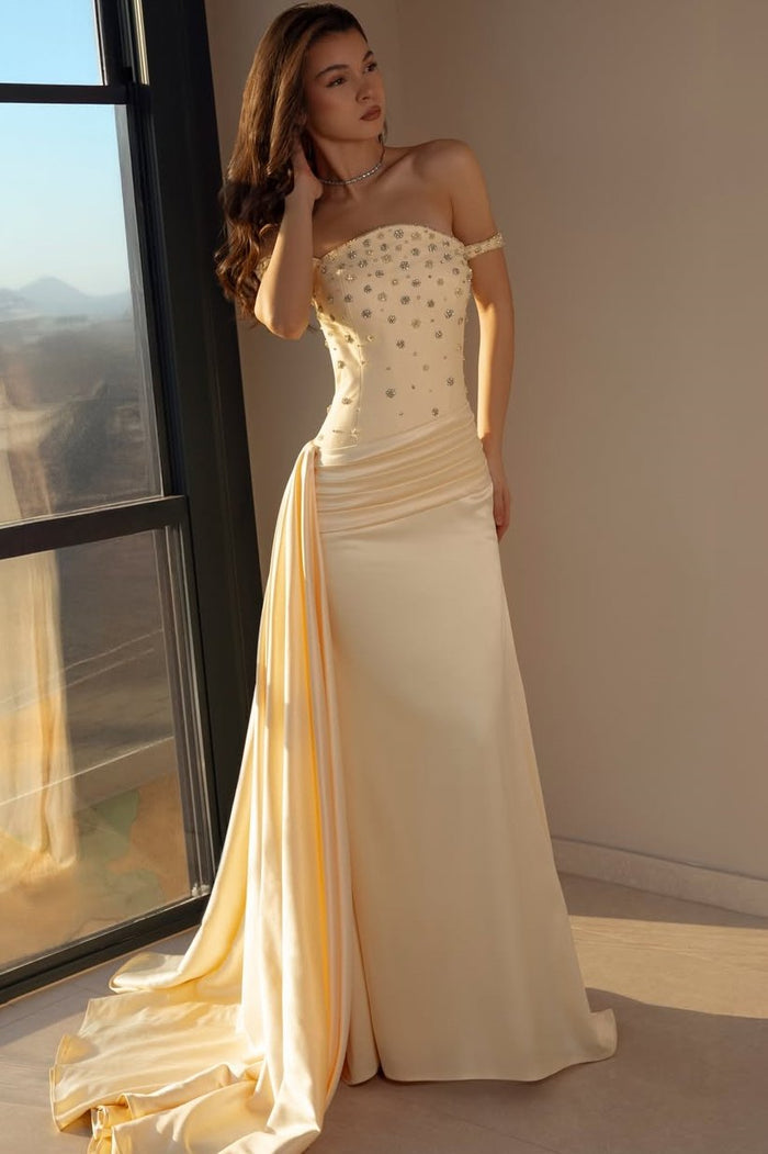 Classy Off-Shoulder Beads Pleats Scoop Neck Evening Prom Dress