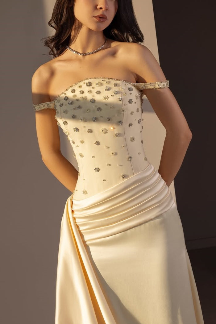 Classy Off-Shoulder Beads Pleats Scoop Neck Evening Prom Dress