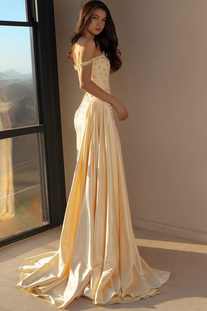 Classy Off-Shoulder Beads Pleats Scoop Neck Evening Prom Dress