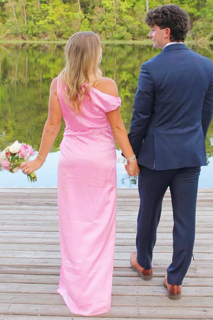 Classy Off-Shoulder Sleeveless Pink Satin High Slit Straps Long Prom Dress