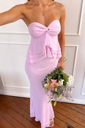 Classy Pink Strapless Twist Sweetheart Ruffles Chiffon Prom Dress
