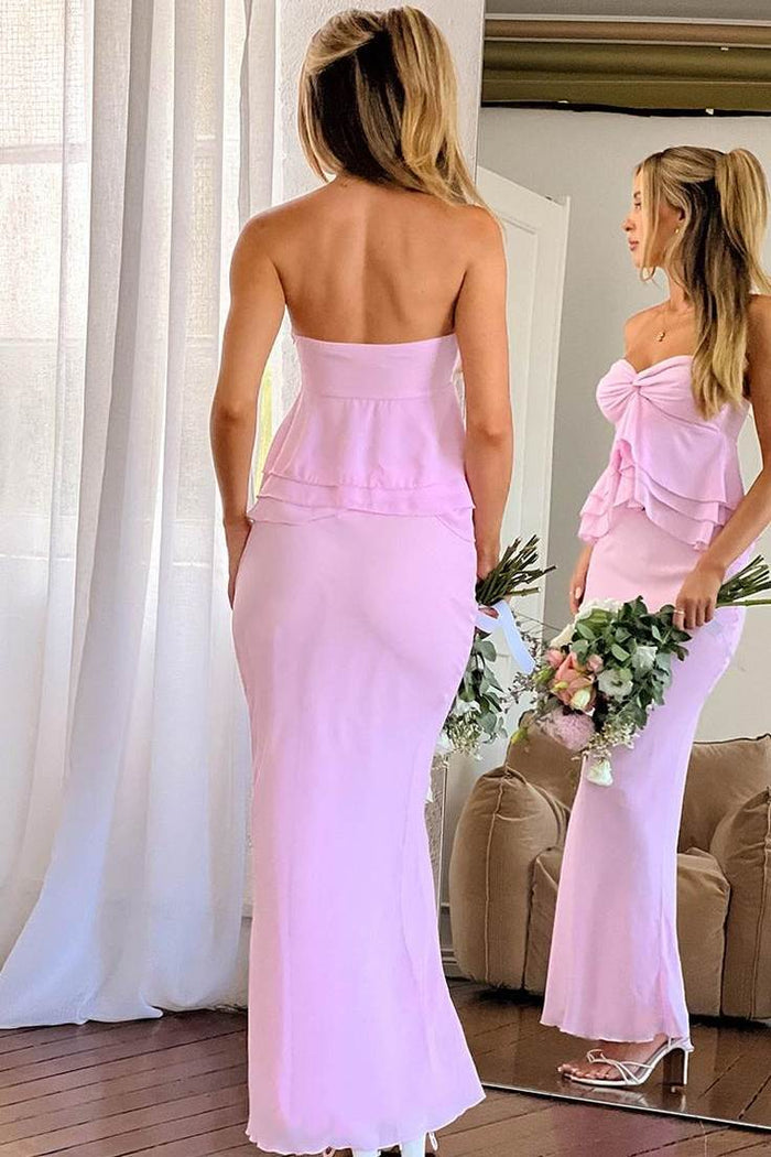 Classy Pink Strapless Twist Sweetheart Ruffles Chiffon Prom Dress