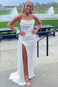 Classy Strapless Fitted Pleats High Slit Long Prom Dress with Rhinestones