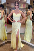 Classy Strapless V-Neck Sleeveless Lace Appliques Side Slit Long Prom Dress