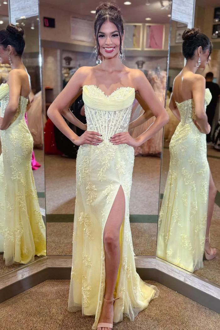 Classy Strapless V-Neck Sleeveless Lace Appliques Side Slit Long Prom Dress