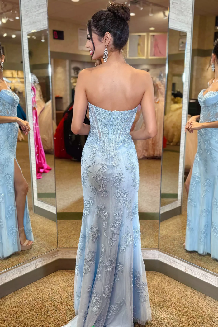 Classy Strapless V-Neck Sleeveless Lace Appliques Side Slit Long Prom Dress