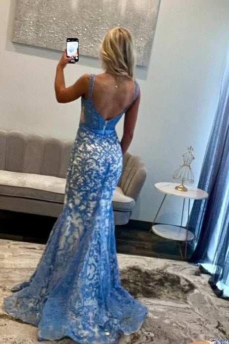 Classy Trumpet Lace Appliques Straps Long Prom Dress with Bow