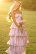 Cute A-Line Empire-Waist Strapless Appliques Ruffles Long Prom Dress