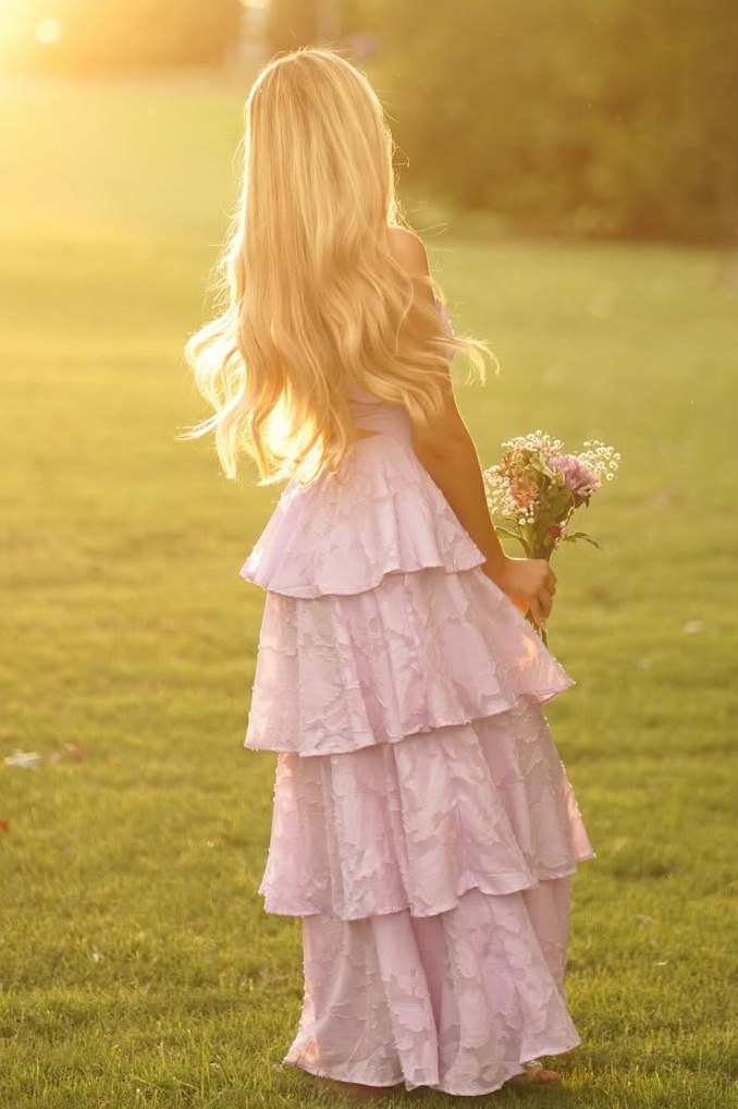 Cute A-Line Empire-Waist Strapless Appliques Ruffles Long Prom Dress