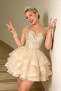 Cute A-Line Straps Sweetheart Empire-Waist Ruffles Short Homecoming Dress
