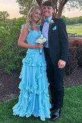 Cute Blue A-Line Empire-Waist Ruffles Sleeveless Chiffon Prom Dress