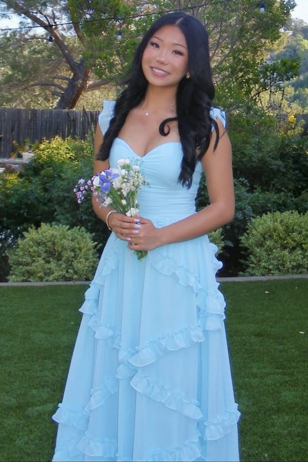 Cute Blue A-Line Empire-Waist Ruffles Sleeveless Chiffon Prom Dress