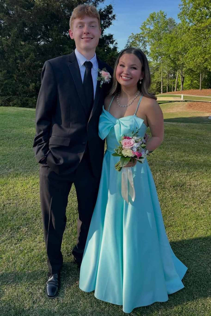 Cute Blue Spaghetti Straps Bow A-Line Satin Empire-Waist Prom Dress