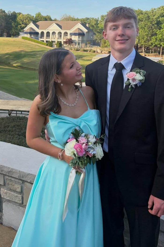 Cute Blue Spaghetti Straps Bow A-Line Satin Empire-Waist Prom Dress