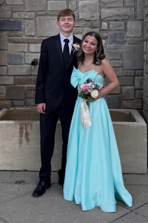 Cute Blue Spaghetti Straps Bow A-Line Satin Empire-Waist Prom Dress