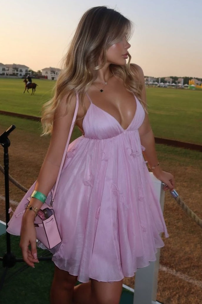 Cute Deep V-Neck A-Line Sleeveless Appliques Short Homecoming Summer Dress