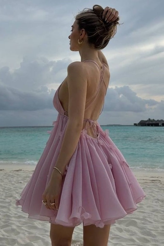 Cute Deep V-Neck A-Line Sleeveless Appliques Short Homecoming Summer Dress