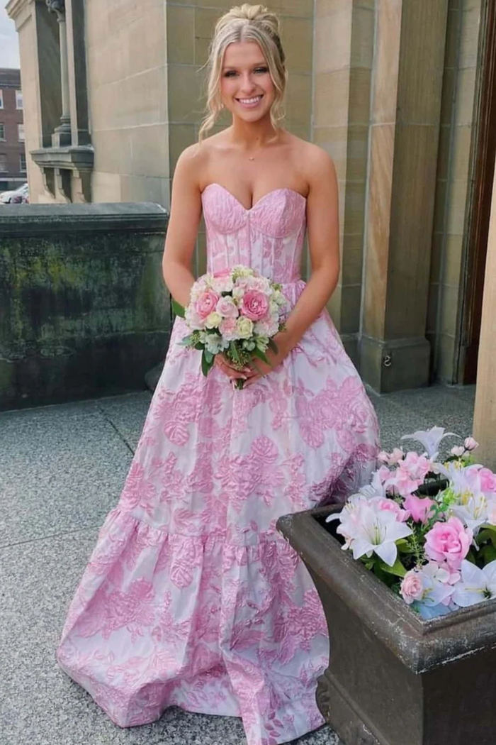 Cute Jacquard A-Line Strapless Sweetheart Empire-Waist Long Prom Dress