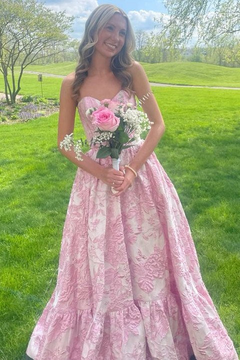 Cute Jacquard A-Line Strapless Sweetheart Empire-Waist Long Prom Dress