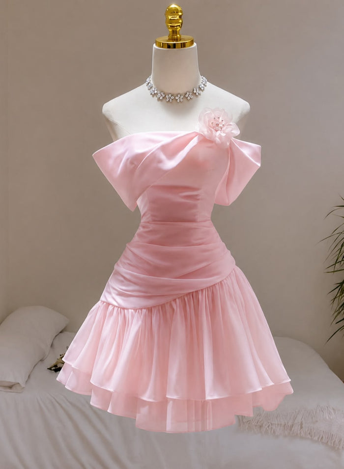 Cute Pink A-Line Pleats Ruffles Flower Short Homecoming Party Dress