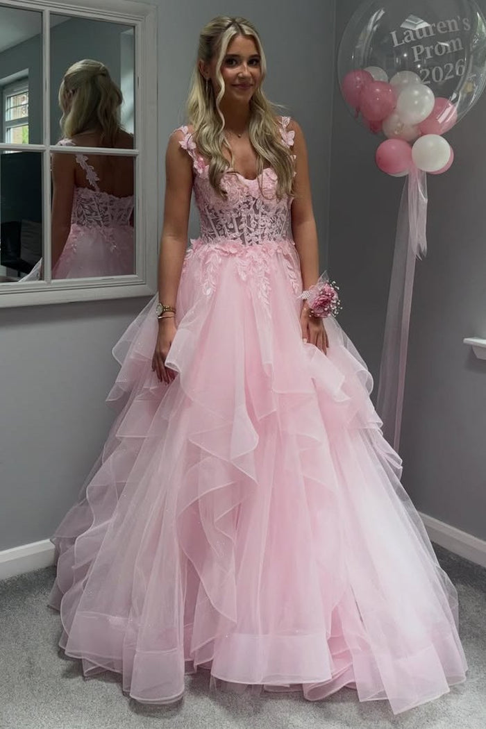 Cute Pink A-Line Sleeveless Empire-Waist Ruffles Long Prom Dress with Appliques