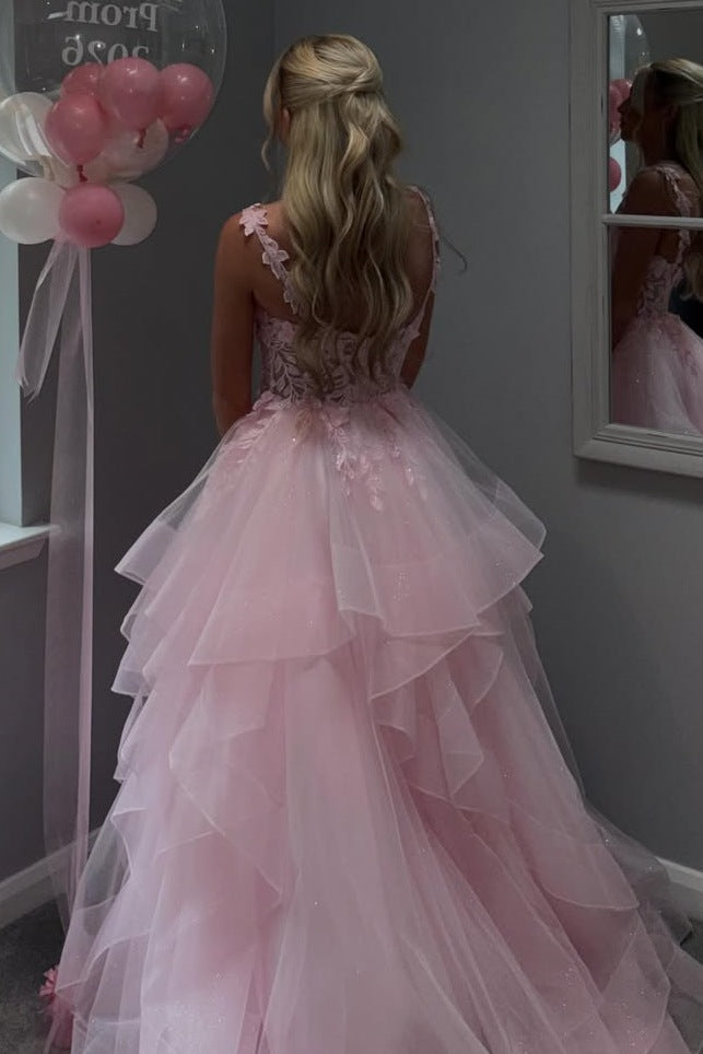 Cute Pink A-Line Sleeveless Empire-Waist Ruffles Long Prom Dress with Appliques