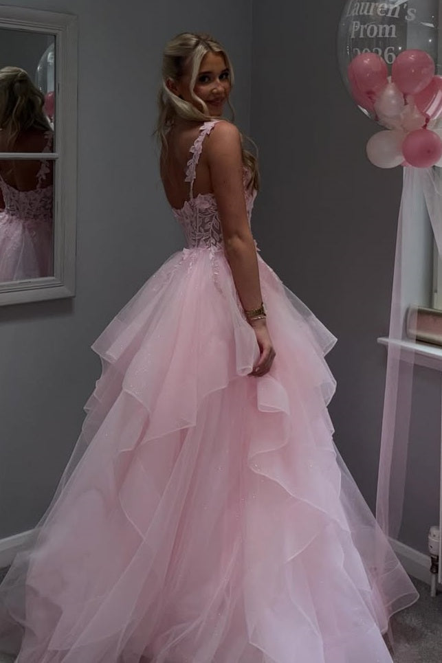 Cute Pink A-Line Sleeveless Empire-Waist Ruffles Long Prom Dress with Appliques