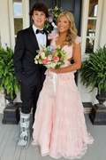 Cute Pink A-Line V-Neck Empire-Waist Ruffles Chiffon Sleeveless Prom Dress