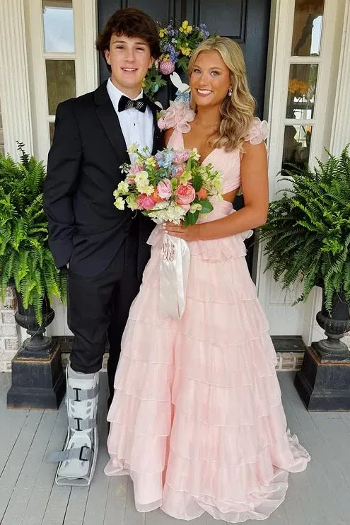 Cute Pink A-Line V-Neck Empire-Waist Ruffles Chiffon Sleeveless Prom Dress