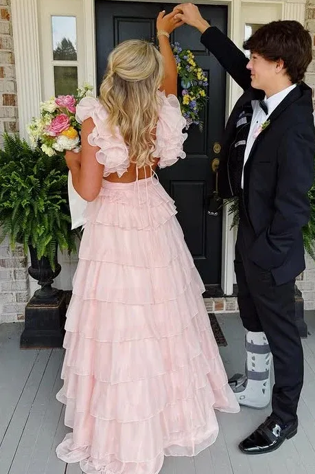 Cute Pink A-Line V-Neck Empire-Waist Ruffles Chiffon Sleeveless Prom Dress