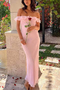 Cute Pink Off-Shoulder Ruffles Chiffon Sheath Prom Party Dress
