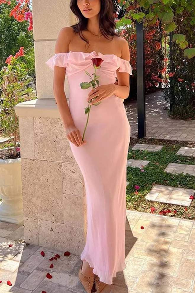 Cute Pink Off-Shoulder Ruffles Chiffon Sheath Prom Party Dress