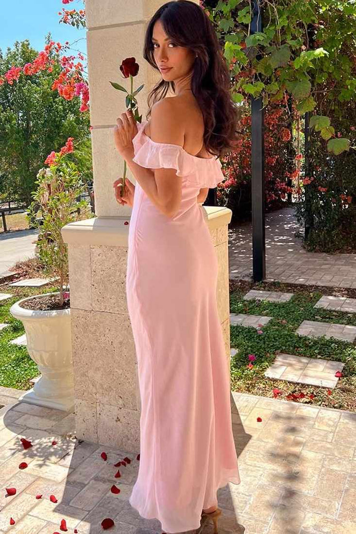 Cute Pink Off-Shoulder Ruffles Chiffon Sheath Prom Party Dress