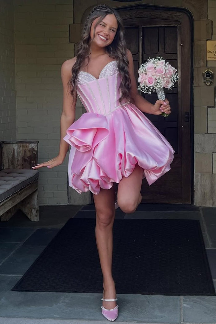 Cute Pink Strapless A-Line Ruched Empire-Waist Short Homecoming Dress