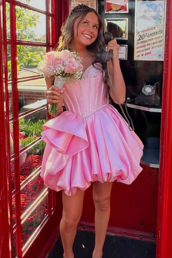 Cute Pink Strapless A-Line Ruched Empire-Waist Short Homecoming Dress